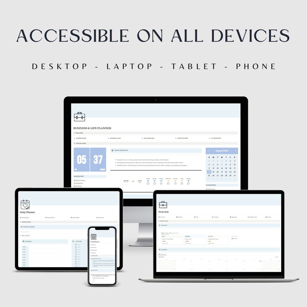 Notion template in blue colour displayed in an iPad