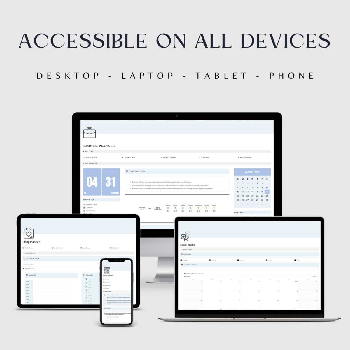 Notion template in blue colour displayed in an iPad