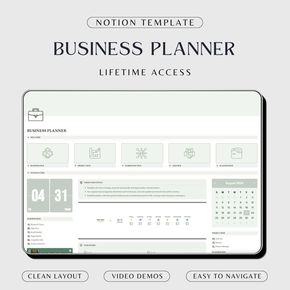 Notion business planner template in sage green