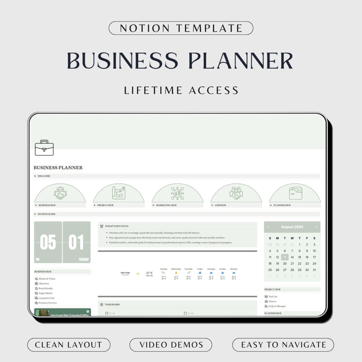 Business planner template for notion in green