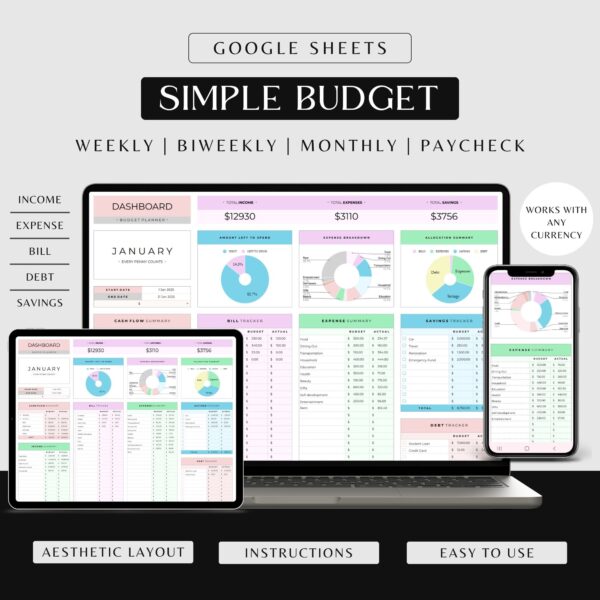 Google spreadsheets budget planner in rainbow colour