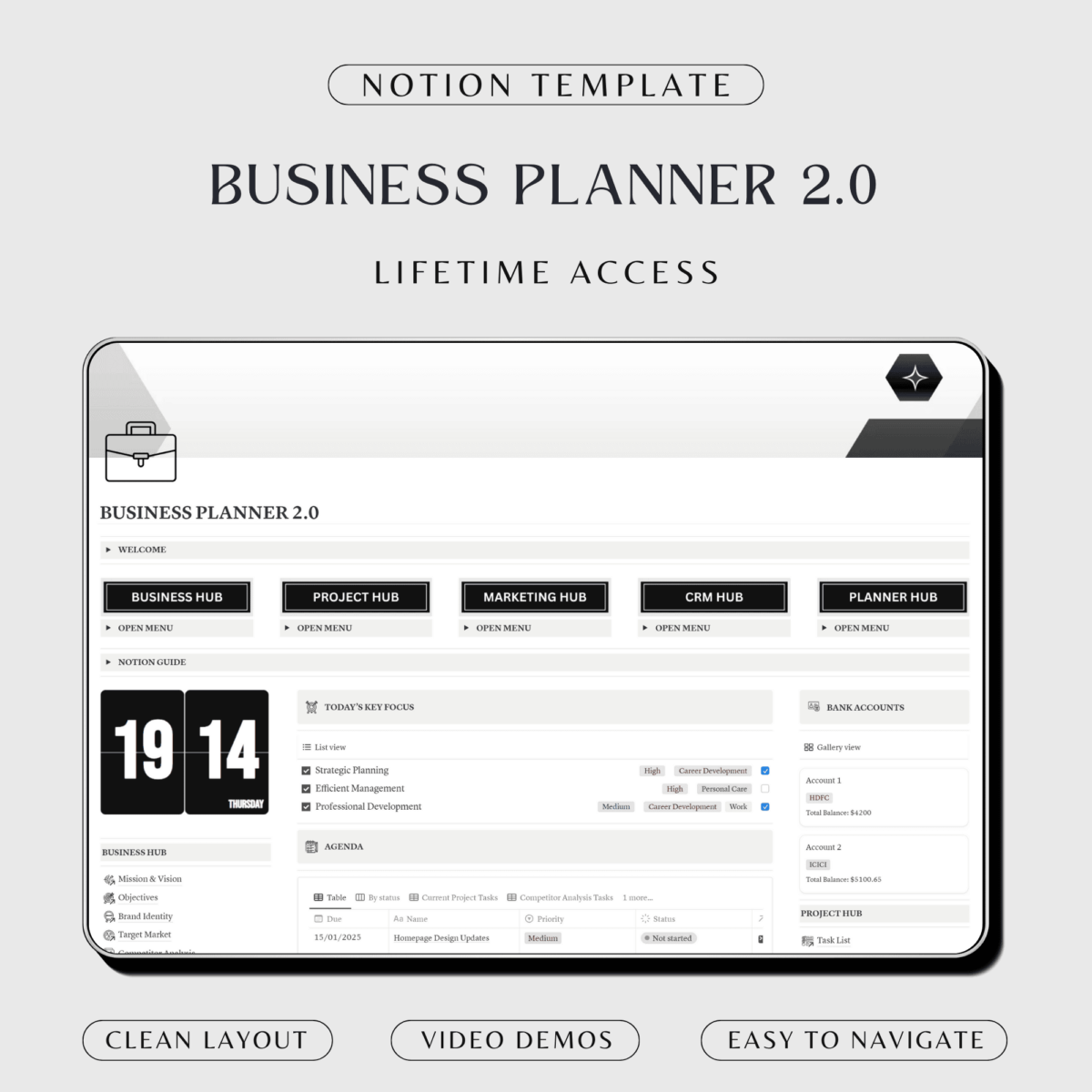 Notion business planner in black and white